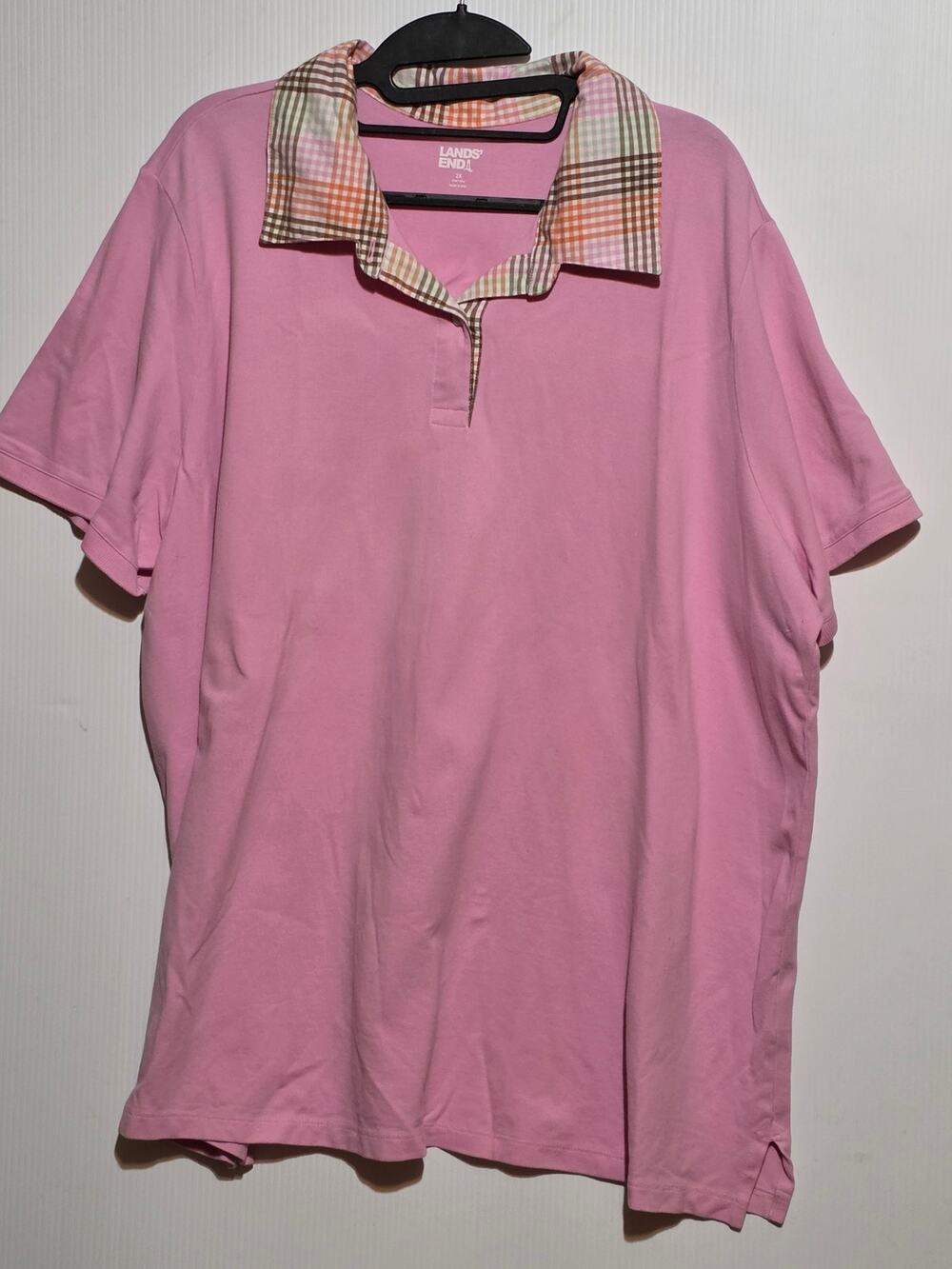 Lands' End Plus Size 2X Pink Polo Shirt Plaid Contrast Collar Preppy Casual